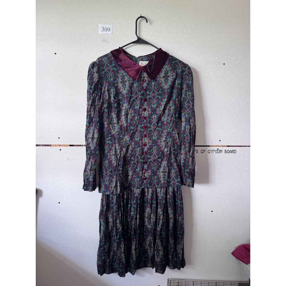 Kathie Lee Collection Vintage Paisley Midi Dress Velvet Trim Burgundy Teal 12